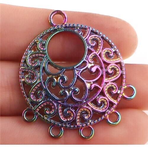 20pcs Rainbow Color Alloy Round Ethnic Tibetan Pendant Charm Hollow Drop Carved Flowers Dangle Connector Necklace Tassel Earring