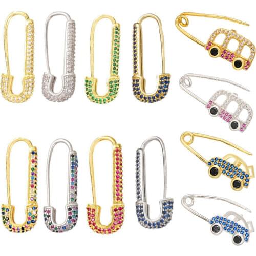 1 piece Hoop Earrings Safety Pin Cubic Zircon Single Earring Rainbow CZ Jewelry Gold Color Aretes Paper Clip Green Rose Trendy