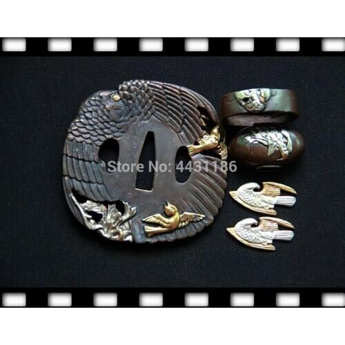 W/Eagle Design Copper Fitting Japanese katana WAKIZASHI Sword Accessories Set TSUBA+FUCHI+KASHIRA+MENUKI