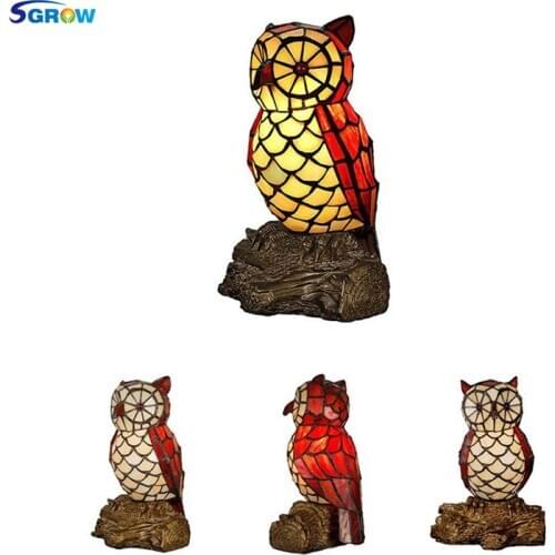 SGROW Stained Glass Owl Table Lamp for Bedroom Dining Room European Style Desk Light Indoor Lighting Fixtures Hand-made Art Lamp