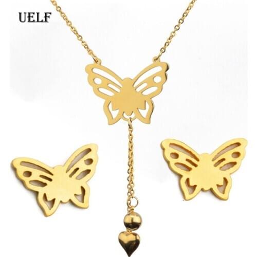 UELF New Fashion Jewelry Stainless Steel Statement Butterfly Tassel Necklace Pendand Jewelry Set Free Shipping