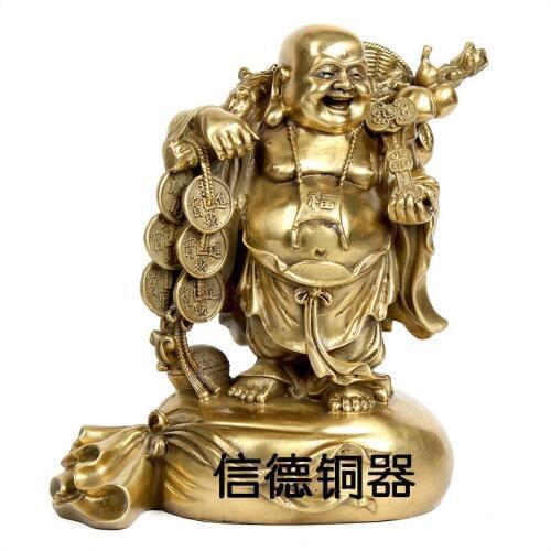 Chinese Brass Wealth YuanBao Coin Bag Happy Laughing Maitreya Buddha Statue