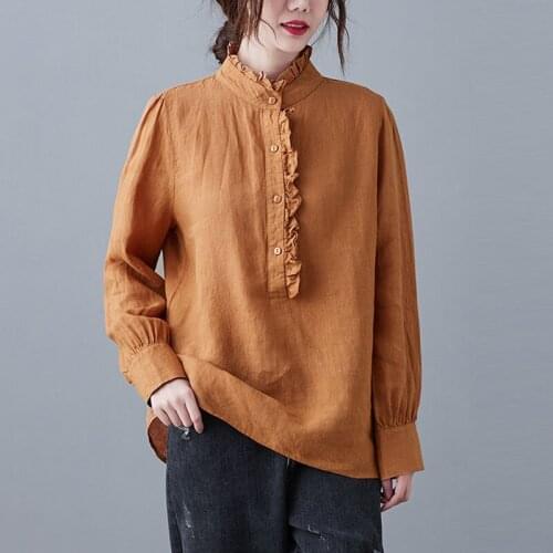 Women Cotton Linen Casual Shirts New Arrival 2021 Spring Vintage Style Ruffles Stand Collar Loose Female Long Sleeve Tops S3560