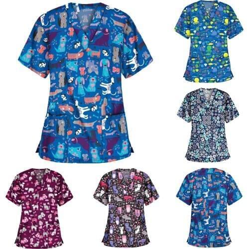 Women Casual Shirts Short Sleeve V-neck Tops Working Uniform Cartoon Print Blouse Clothes wholesale Plus Size Women Clothing