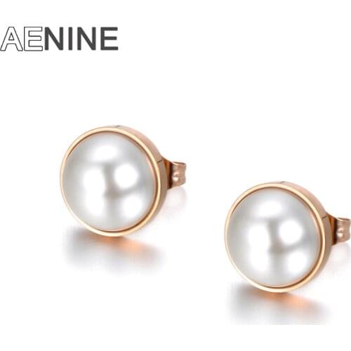 AENINE Simulated Pearl Earrings For Women Jewelry Bijoux Brincos Pendientes Mujer Fashion Stud Earrings Stainless Steel AE18039