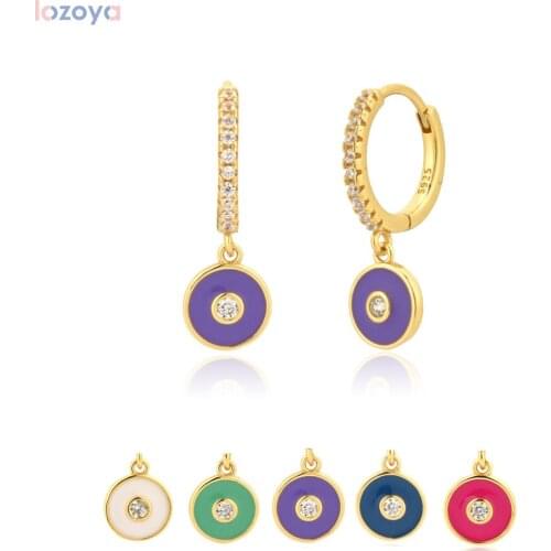 Lozoya 925 Sterling Silver Pendiente Fashion Purple Enamel Lucky Eye Women Drop Earring Piercing Ohrringe Luxury Jewels