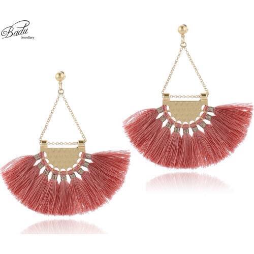 Badu Retro Vintage Earring Women Silk Tassel Dangle Drop Earrings Gold Color Triangle Chandelier Pendant Party Jewelry