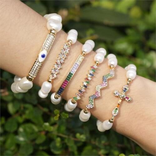 5pcs/lot new natural freshwater pearl cultured beads inlaid connector paved rainbow charm colorful style beaded bracelet woman