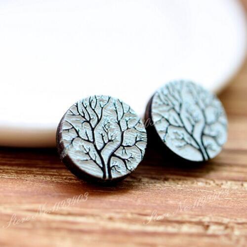 10pcs Unique 3D Tree Embossed 16mm Round Coloured Drawing pattern Laser Cut wood Cabochon DIY for Rings, Earring,Brooch,Necklace