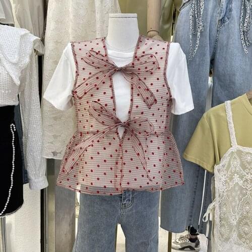 2021 Summer New Cute Sweet White Short Sleeve T-shir+bow Wave Point Organza Vest Tops