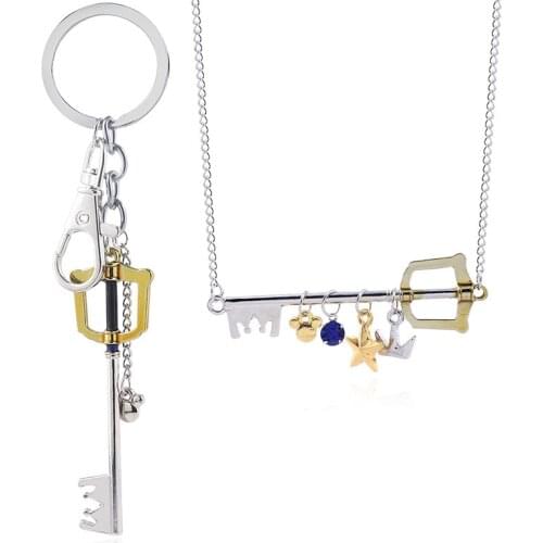 ZXMJ Kingdom Hearts Key Keyblade Necklaces Pendants Crown Star Keychain Blue Crystal Necklace Keyring for Women Men Jewelry Gift