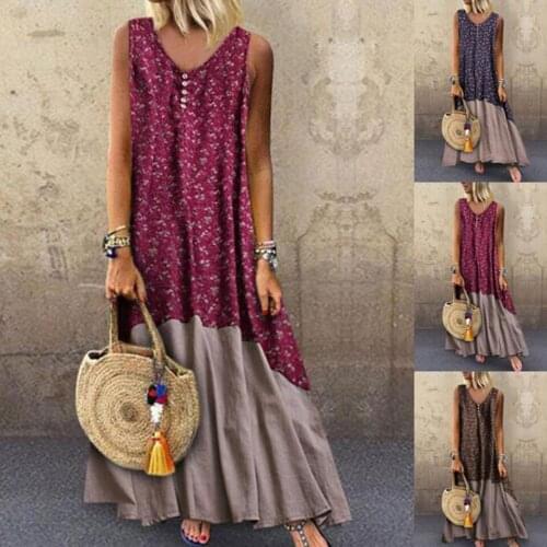 Floral Maxi Dress Patchwork Boho Women Clothes Sleeveless Front Button Dress Sukienka Big Swing Fashion Beach Long Dress 4xl 5xl