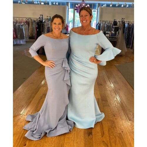 Long Grey Mermaid Mother of the Bride Dresses with Sleeve O-Neck Sweep Train Wedding Party Dresses for Women
