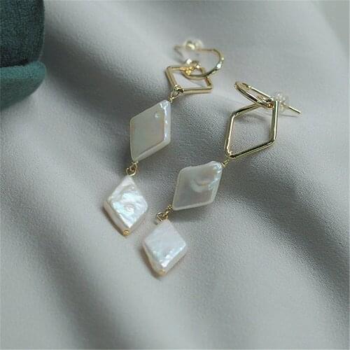 Geometric Metallic Rhombus Long Pearl Earrings Lady Refined Vintage Tassel Earrings 925 Silver Women Wedding Bridal Jewelry