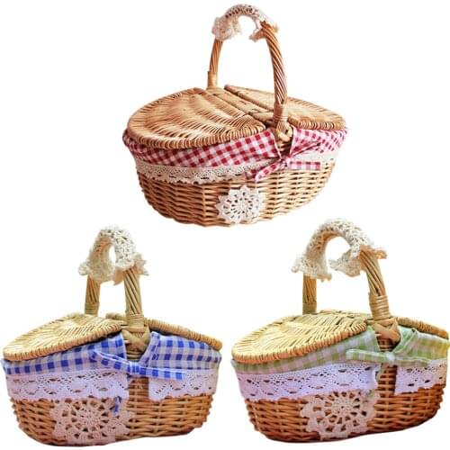 Double-Lid Lattice Decor Picnic Basket Ligtweight Camping Picnic Wicker Storage Hamper Outdoor Fruits Holder Home Decor