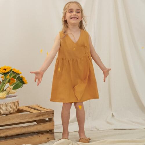 Girls' V-neck Vest Dress 2020 Summer New Cotton And Linen Sleeveless Stitching Literary Princess Dress