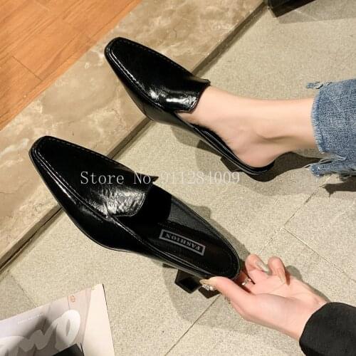 New Summer Solid Black Mules Slippers Women Shoes Women Fashion Slippers Ladies High Heels Mules Female Pointed Toe Slides Shoes