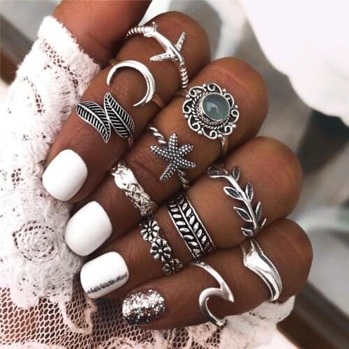 Boho Starfish Phalanx Rings Set 11 Pack - Punk Style for Women and Girls Stocking Filler Indie Thumb Midi Sea Theme Ring LK49G4D