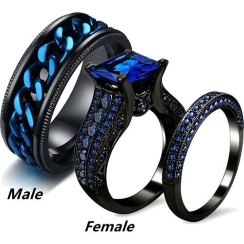 Fashion Couple Rings Womens Blue Crystal CZ Rings Set Mens Stainless Steel Spinner Ring Wedding Band Anniversary Gift