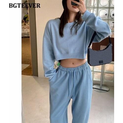 BGTEEVER Casual Loose Women Solid 2 Pieces Set O-neck Long Sleeve Sweatshirts & Elastic Waist Drawstring Pants Ladies Tracksuits