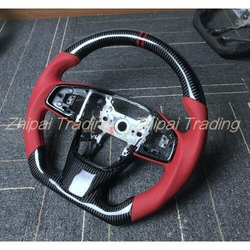 Customized Red & Black carbon fiber Steering Wheel For Honda 10th Gen Civic 10 Red & Black Perforated leather