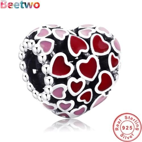 925 Sterling Silver Pink Red Enamel Heart Charms Fit Original Pandora Bracelet Charm Beads Women Jewelry Berloque