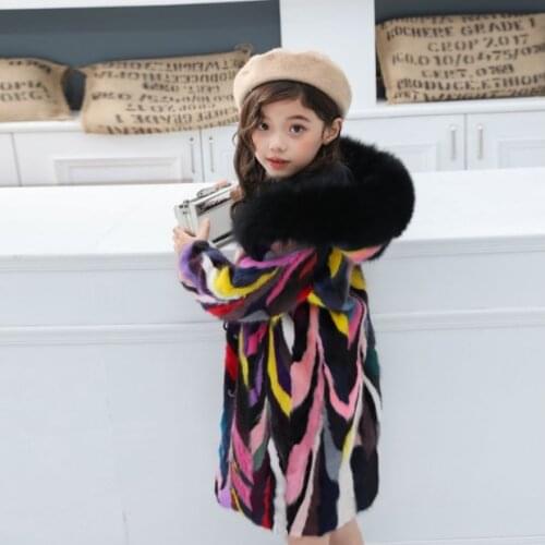 NEW girlsReal genuine natural kids mink fur coat with fox fur hood child fashion multicolor colorful fur jacket girls outwear