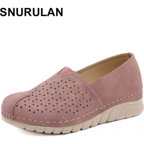SNURULAN Women Flats Shoes Woman Loafers Ladies Slip on Flats Summer Breathable Women Shoes Genuine Leather Driving Shoes