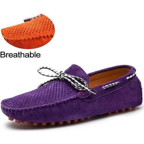 Summer Men Suede Leather Loafers Breathable Moccasins Boat Shoes Classic Driving Shoes Orange Purple Mens Flats 38-47