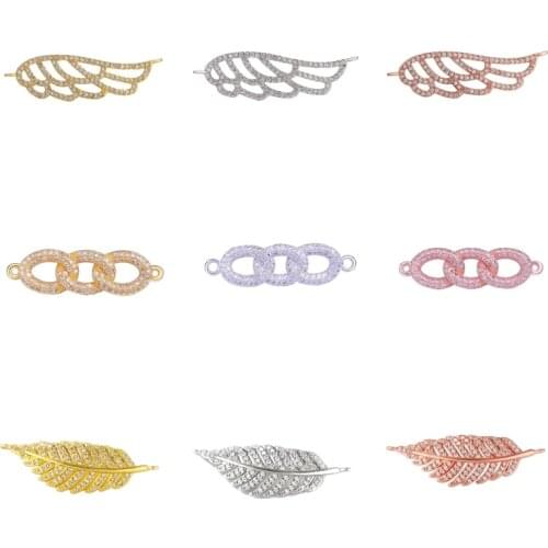 Juya DIY Jewelry Material Copper Micro Pave Zircon Angel Wings Leaf Connector Charms For Handmade Bracelet Earrings Making