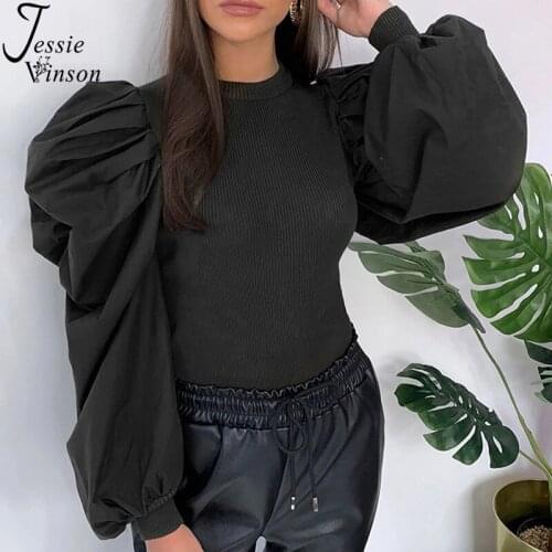 Jessie Vinson Long Sleeve Slim Fit Knitted Rib Black T Shirt Women Puff Sleeve Skinny Tops Chic White T-shirt Tee Female Spring