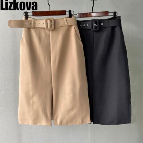 Lizkova Summer Midi Skirts Womens 2021 High Waist Front Split Black Jupe Femme Korean Style Ladies Elegant Faldas with Belt