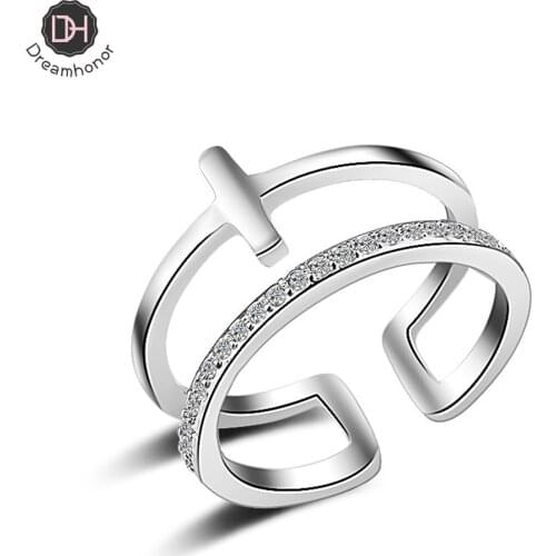 Dreamhonor Trendy Cubic Zirconia Crystal Cross Rings Gold Double Geometric Adjustable Ring For Women Fashion Lovely Jewelry 2021
