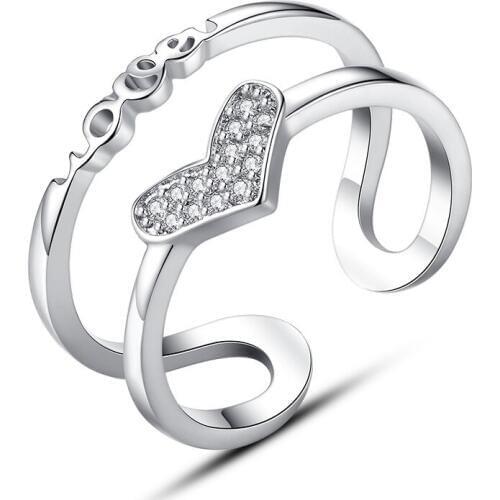 100% 925 sterling silver fashion heart design shiny crystal ladies`adjustable rings women jewelry birthday gift drop shipping