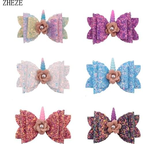 12Pcs/Lot 2021 New Glitter Sequin Bow Shimmery Hair Clips Pearls Floral Unicorn Hair Accessories For Children Headwear