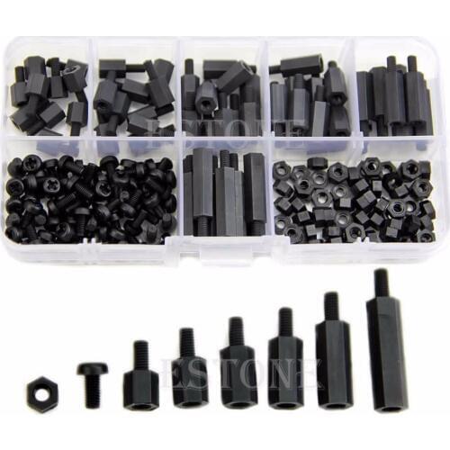 180 pcs Nylon Black Hex M-F Spacers/ Screws/ Nuts Assorted Kit, Standoff