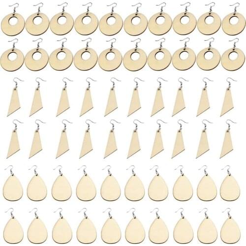 60Pcs Unfinished Wood Blank Earrings with Holes and Earrings Hooks for DIY Jewelry Making
