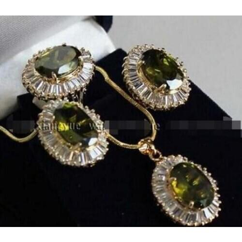 Free Shipping new hot fine gem Inlay Peridot Earrings/Ring/ Necklace Pendant Set AAA
