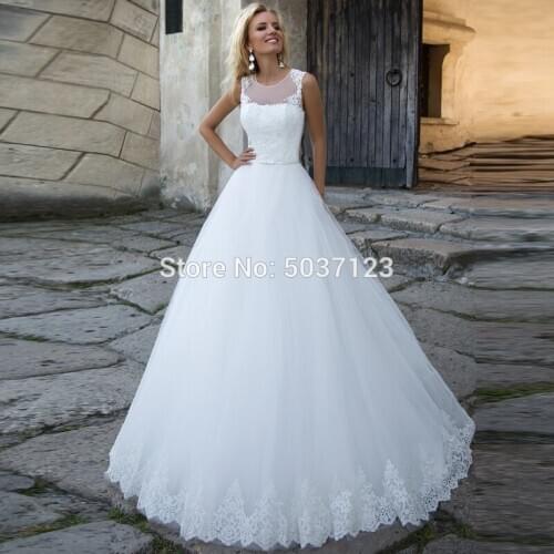 Sleeveless A Line Wedding Dresses O Neck Button Illusion Lace Appliques Bridal Gowns Floor Length Vestido De Noiva Custom Made