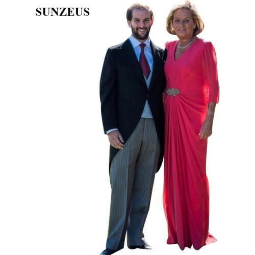 Long Mother Of The Groom Dress Three Quarter Sleeves V-neck Long Chiffon Mother Bride Evening Dress Formal Gowns