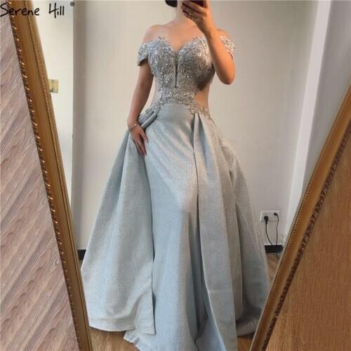 Dubai Silver Off Shoulder CUT-OUT Prom Dresses 2020 Sleeveless Beading Sequins Sexy Prom Gowns BLA70250