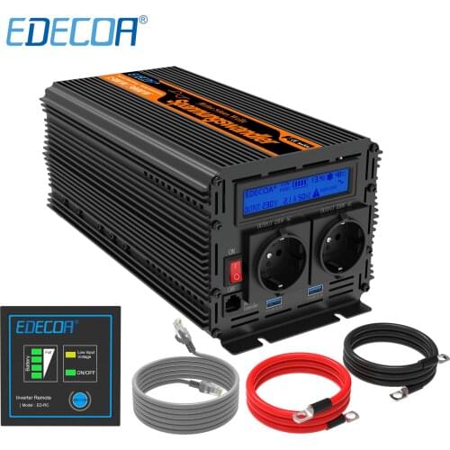 EDECOA pure sine wave power inverter DC 12V to AC 220V 1500W peak 3000W with 5V 2.1A USB remote control LCD display