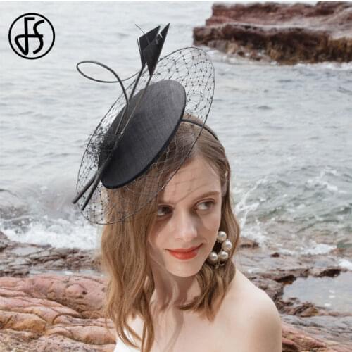 FS Black Fascinators Hat Women Veils Mesh Feathers Wedding Church Fedoras Hat Sinamay Cocktail Tea Party Headwewar For Girls