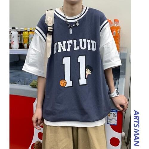 This summers new Harajuku casual oversized T-shirt mens retro fake two-piece best blouse stitching printing womens T-shirt