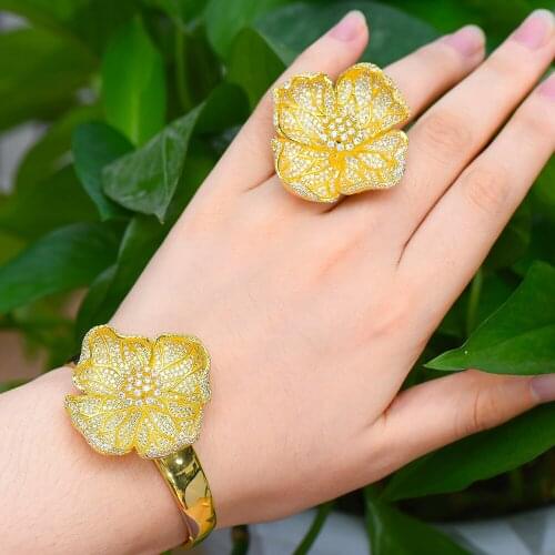 Kellybola Hot Noble Symbol Blooming Big Flowers Bangle Ring Jewelry Set for Women Important Occasion Wedding Engagement Party