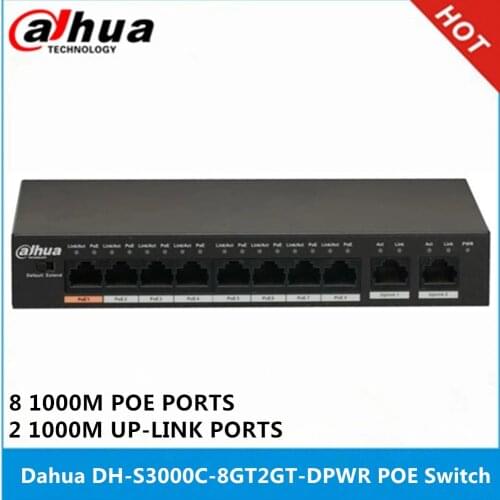 Dahua DH-S3000C-8GT2GT-DPWR 8 Gigabit PoE Switch 2 up-link ports max 250m Power Transit Distance Support IEEE802.3af and IEEE803