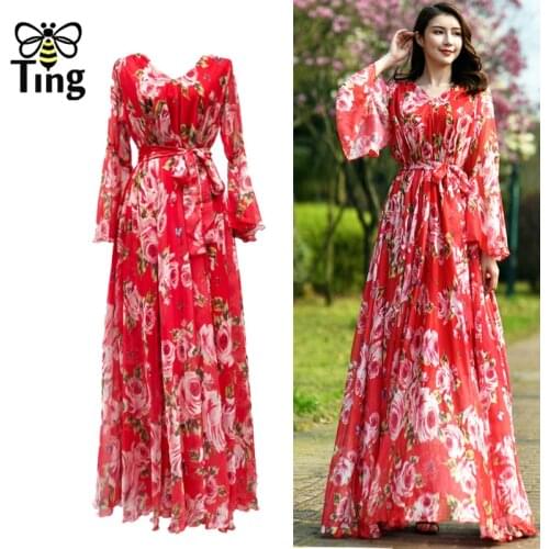 Tingfly Runway Designer Floral Print Summer Flare Long Sleeve Long Dress Fairycone Casual Largo Vestidos Robes with Sashes Eam