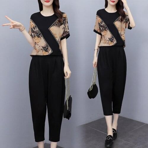 Summer Casual Two Piece Set Short Sleeve Round Neck Floral Print Top Loose Pocket Harem Pants Women Plus Size Clothes Set 5XL