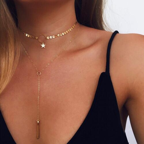 Hot Sale Simple Charm Metal Tow Layer Choker Inlaid Rhinestone Necklace Star Clavicle Chain Statement Jewelry For Women2019