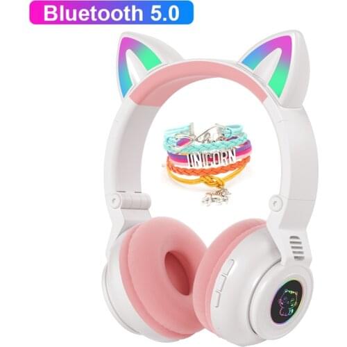 Cute Cat Wireless Earphone Headphones LED Bluetooth Flash Light Headset Support TF Card with Microphone Girl Kids Gifts